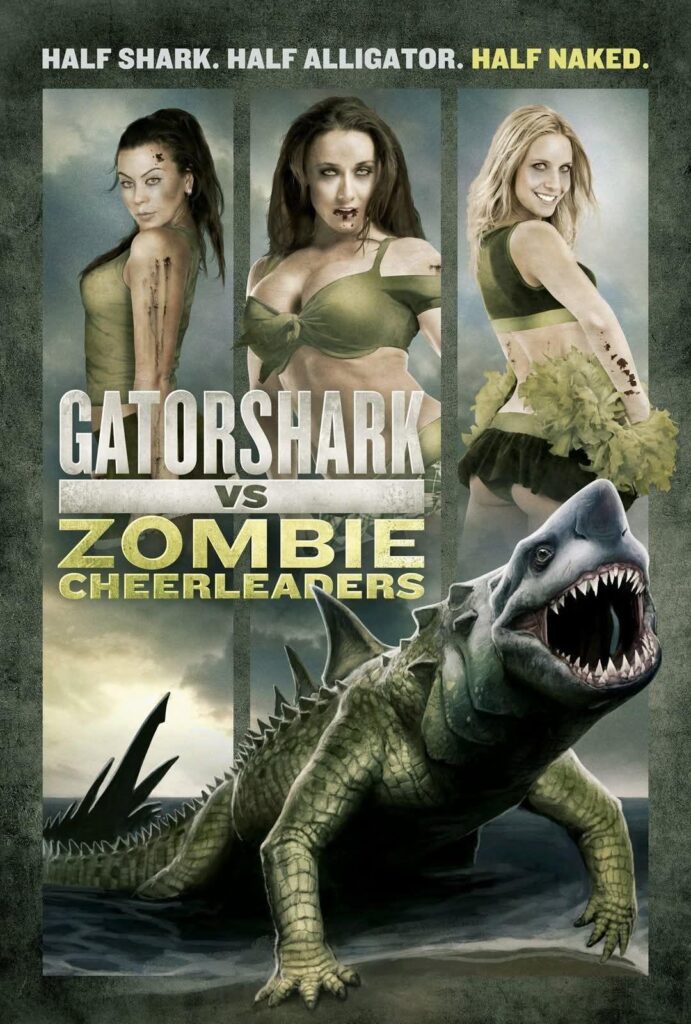 In der oberen Hälfte schauen drei leicht bekleidete Frauen in die Kamera, die wie Zombies geschminkt sind. In der Mitte steht der Titel des Films "Gatorshark vs. Zombie Cheerleaders" und darunter ist der Gatorshark abgebildet: Ein Wesen dessen Körper an einen Alligator erinnert und der einen Hai-ähnlichen Kopf mit aufgerissenem Maul hat.