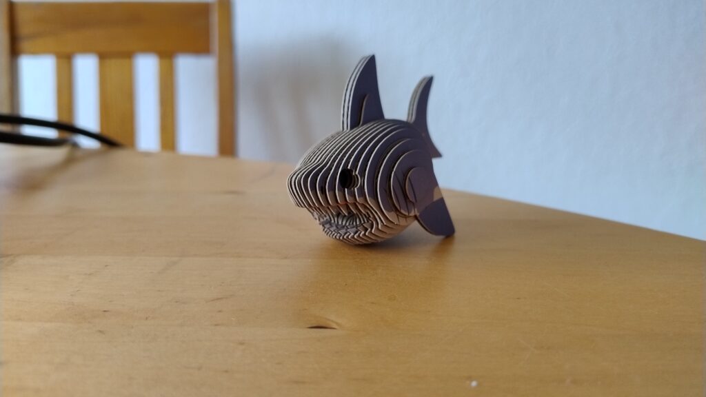 Ein aus Pappscheiben zusammen gesetztes Hai-Modell auf einem Tisch.
