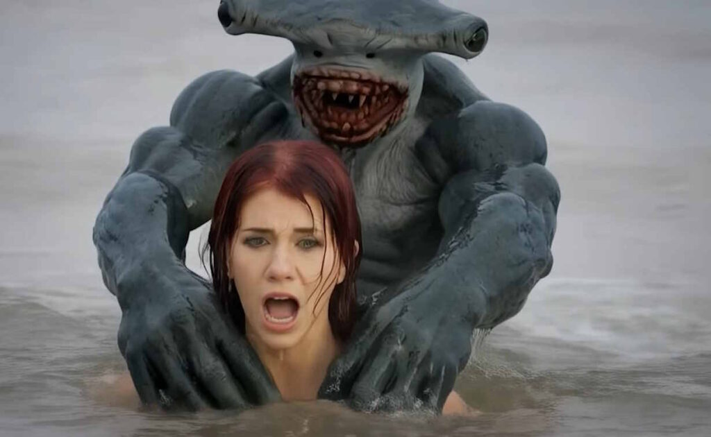 Ein Hammerhai-Mensch-Hybrid mit einem sehr muskolösen Körperbau steht hinter einer jungen, rothaarigen Frau. Während ihm das Wasser bis zur Hüfte reicht, ist sie bis zu den Schultern versunken. Seine riesigen Hände liegen auf ihren Schultern. Es sieht aus, als würde er sie ins Wasser drücken und als würde sie nach Luft schnappen.